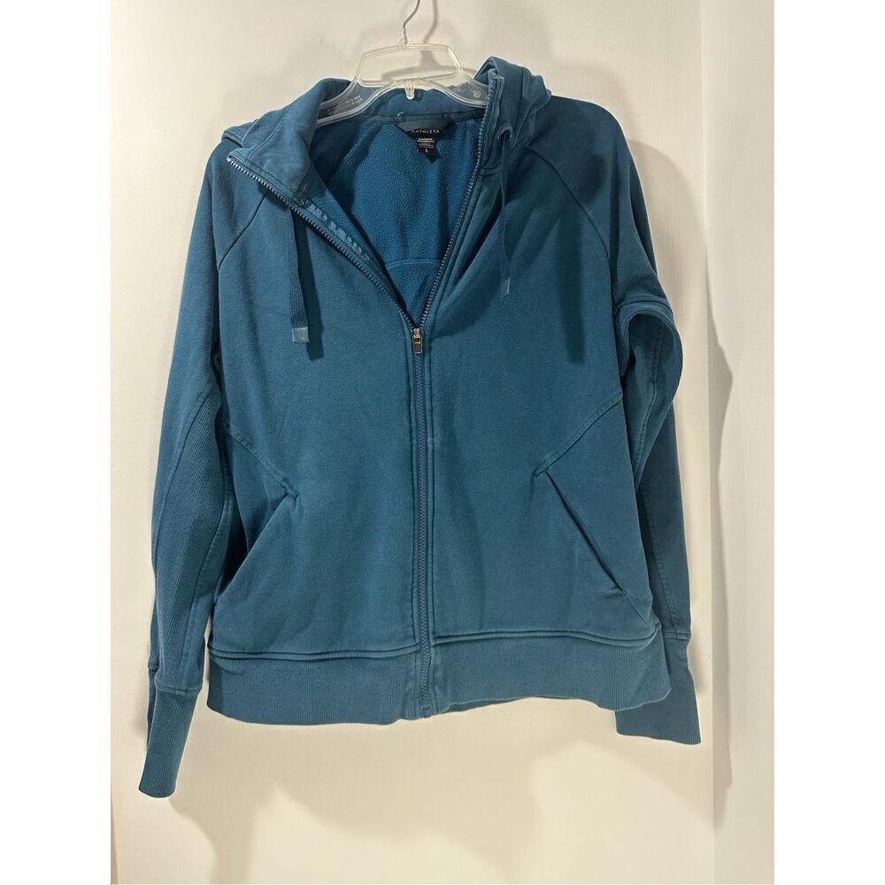 Athleta women’s teal hooded sweatshirt thumbholes sleeves size L #35-1644
